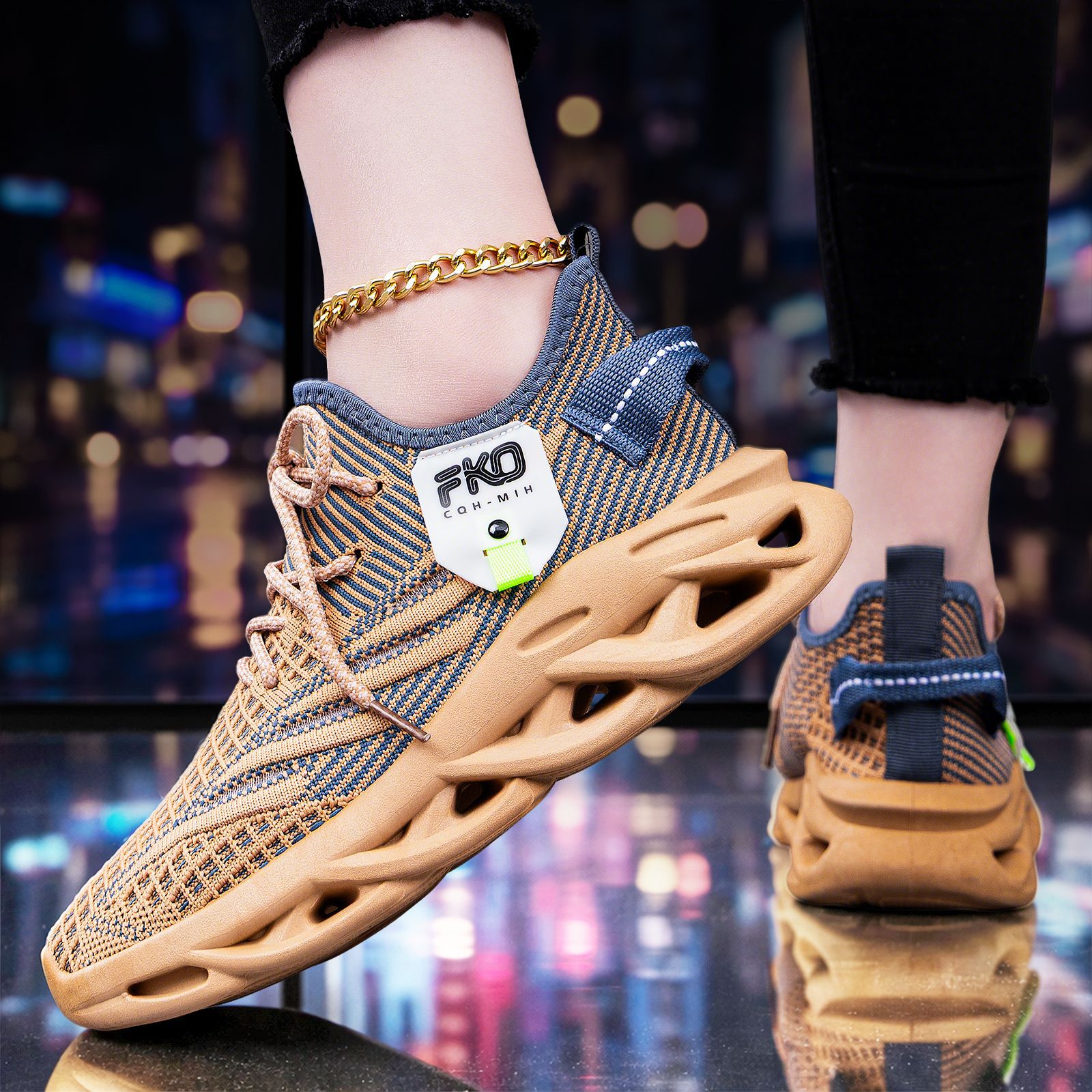 Knit Fabric Lace Up Sneakers - Sepatu Sneakers Rajut Pria Bernapas, Sol