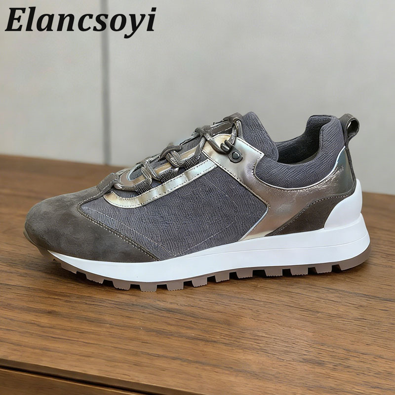 Knit Fabric Lace Up Sneakers - Sepatu kets wanita dengan hiasan manik-manik