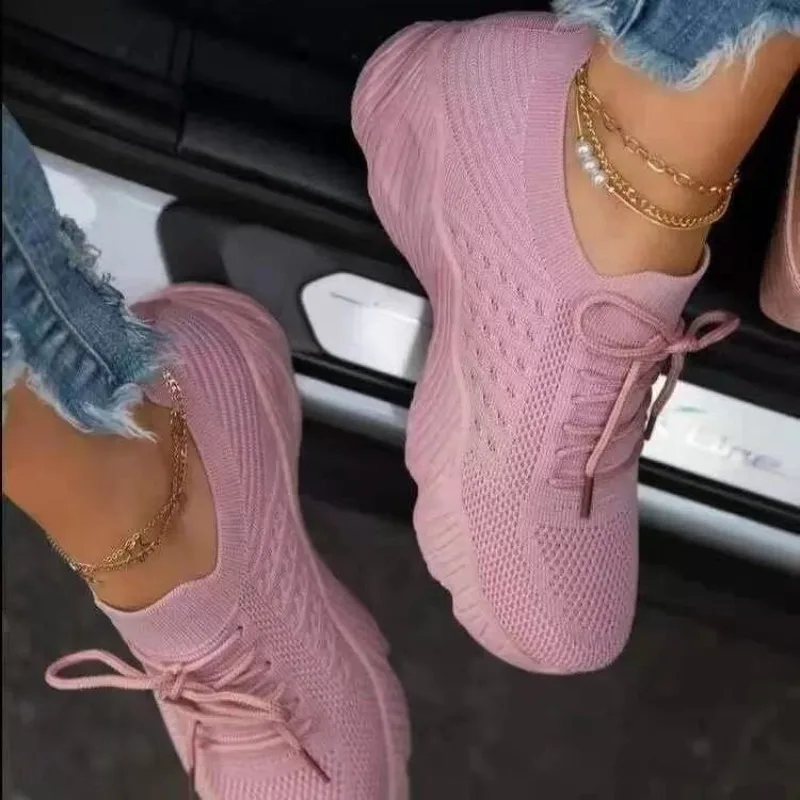 Knit Fabric Lace Up Sneakers - Sepatu Rajut Kasual Wanita, Berbahan Mesh