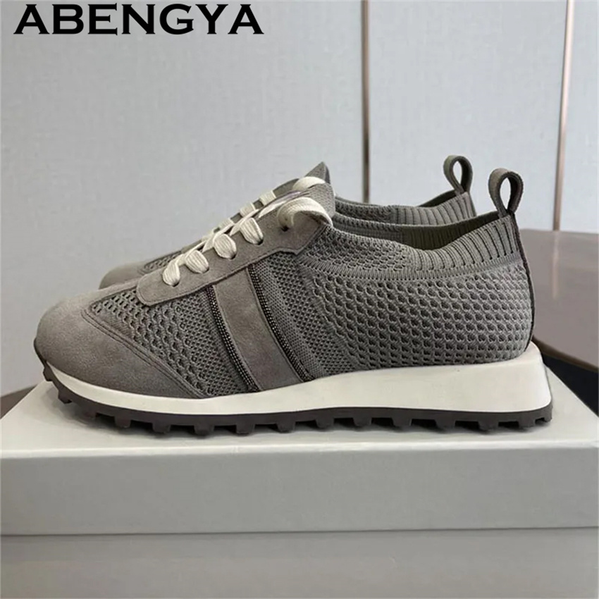Knit Fabric Lace Up Sneakers - Sepatu Flat Kasual Rajut Tali Depan