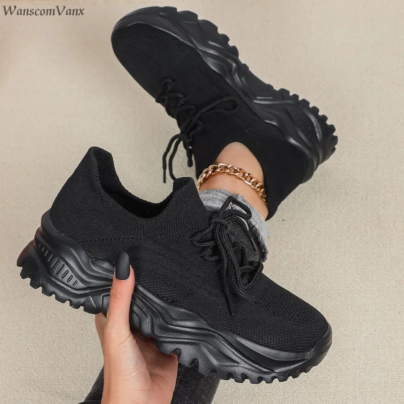 Knit Fabric Lace Up Sneakers - Sepatu Sneakers Platform Chunky Fashion untuk