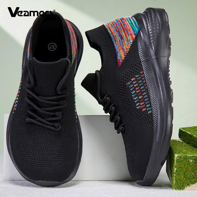 Knit Fabric Lace Up Sneakers - Sepatu Sneakers Wanita Berbahan Jaring Bernapas,