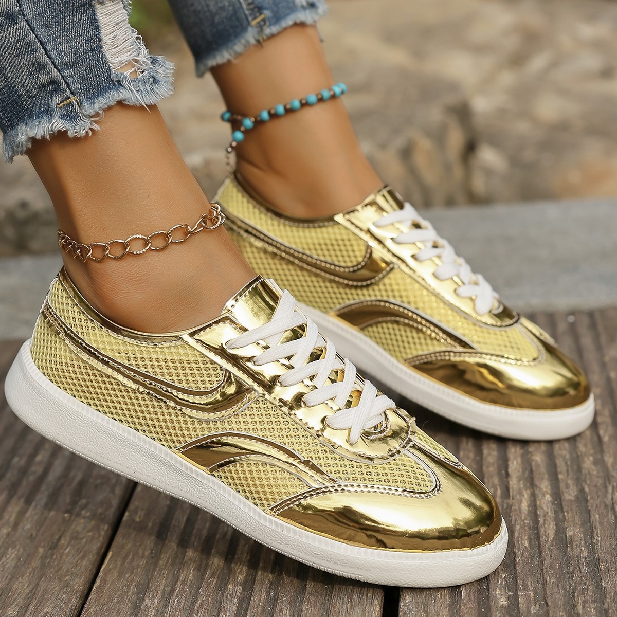 Sepatu Kets Wanita Baru Sepatu - Knit Fabric Lace Up Sneakers ulasan dan harga