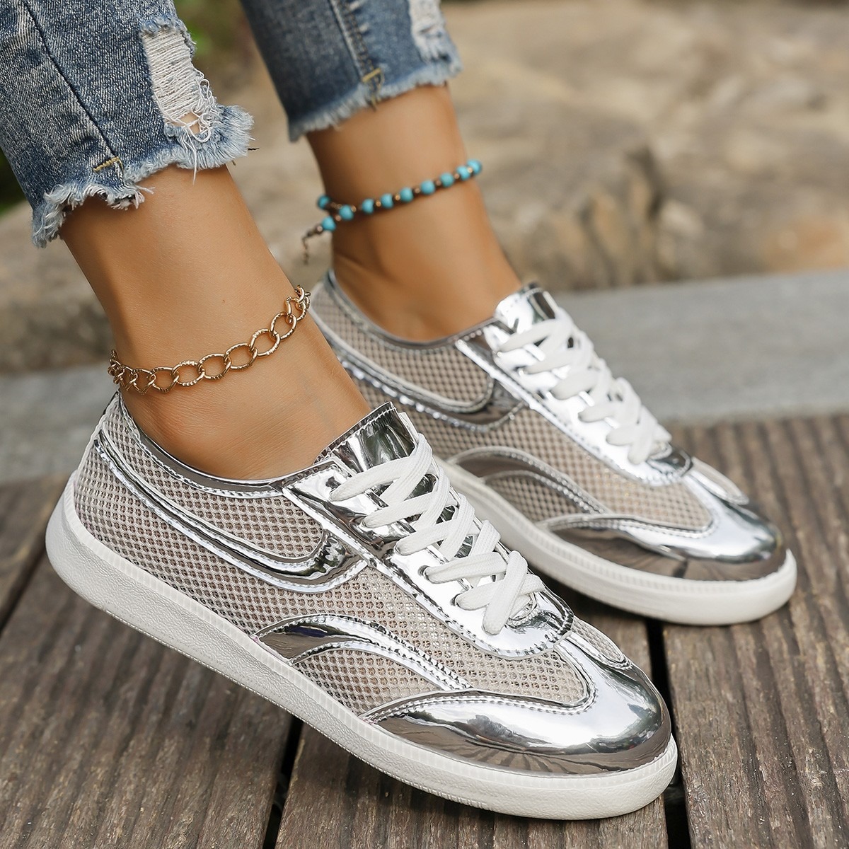 Sepatu Kets Wanita Baru Sepatu - Knit Fabric Lace Up Sneakers ulasan dan harga