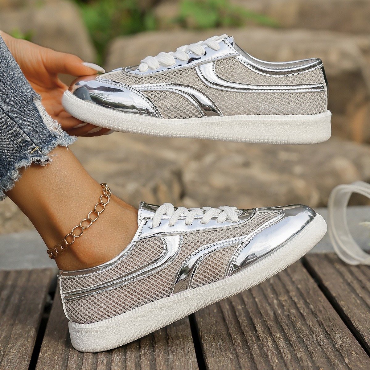 Sepatu Kets Wanita Baru Sepatu - Knit Fabric Lace Up Sneakers ulasan dan harga