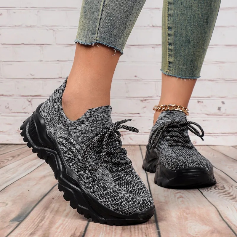 Sepatu Sneakers Platform Chunk - Knit Fabric Lace Up Sneakers ulasan dan harga